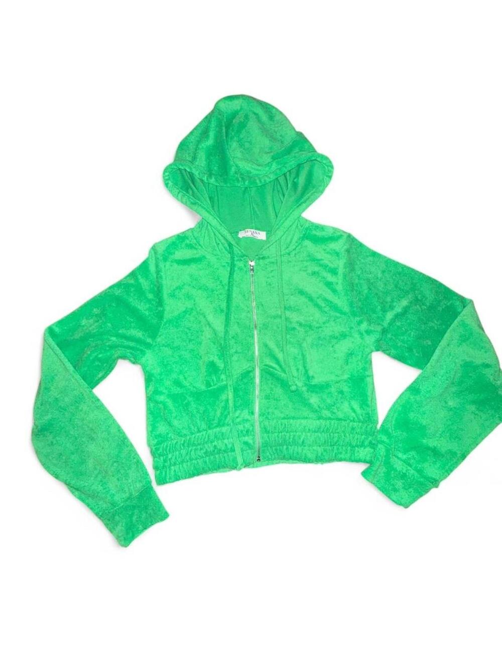 Bright Green Terry Cloth Cropped Zip Hoodie Zenana XL